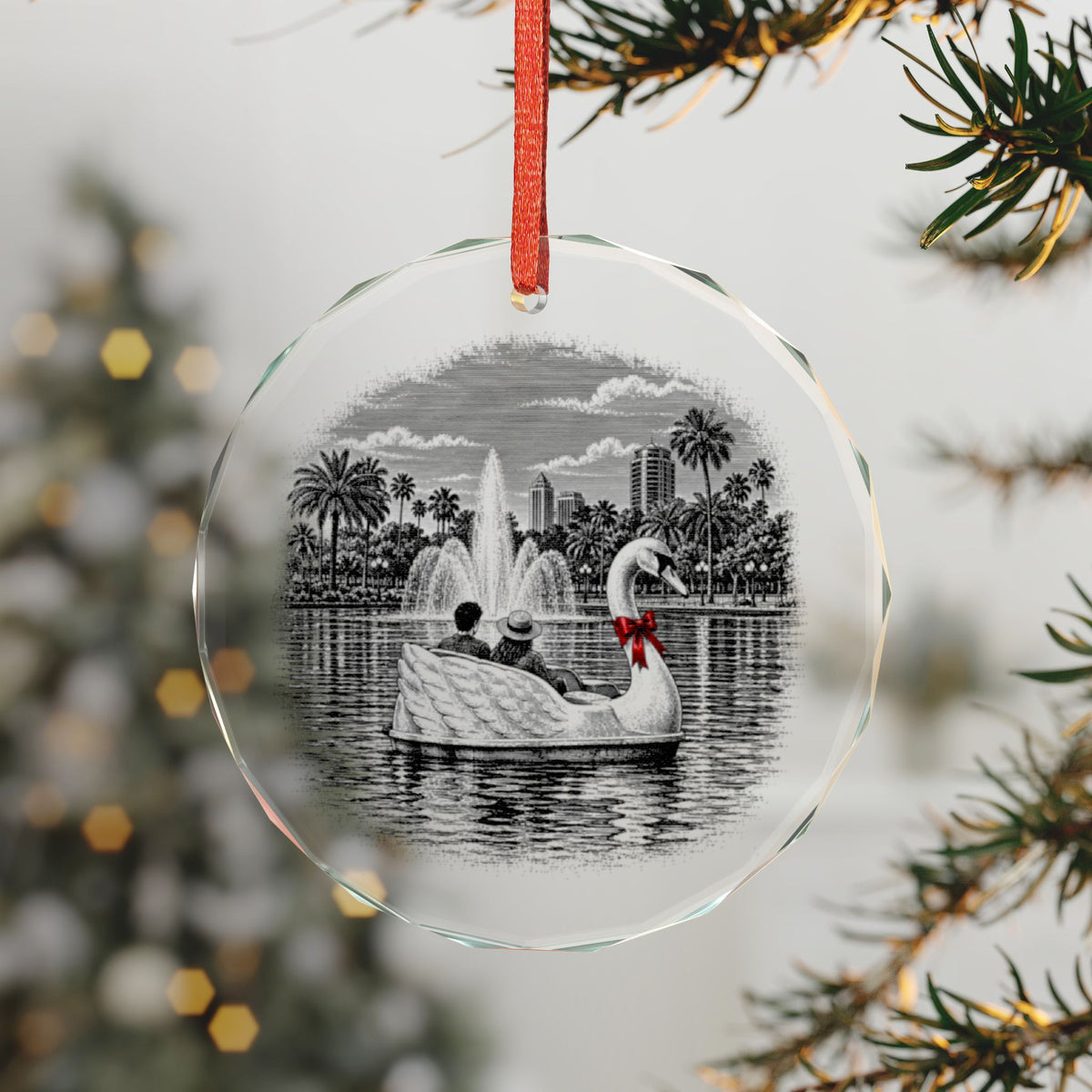Orlando Florida Holiday Ornament, Lake Eola Swan Boat, Crystal Glass Ornament Hanging on a Christmas Tree