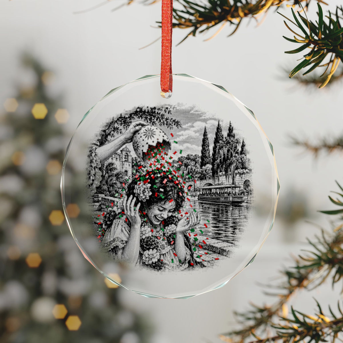 San Antonio Texas Holiday Ornament, Fiesta Cascaron, Crystal Glass Ornament Hanging on a Christmas Tree