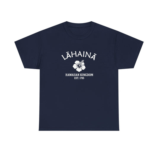 Lahaina Hawaii Vintage Style Unisex Heavy Cotton Tee - White Retro Hibiscus Logo, Navy