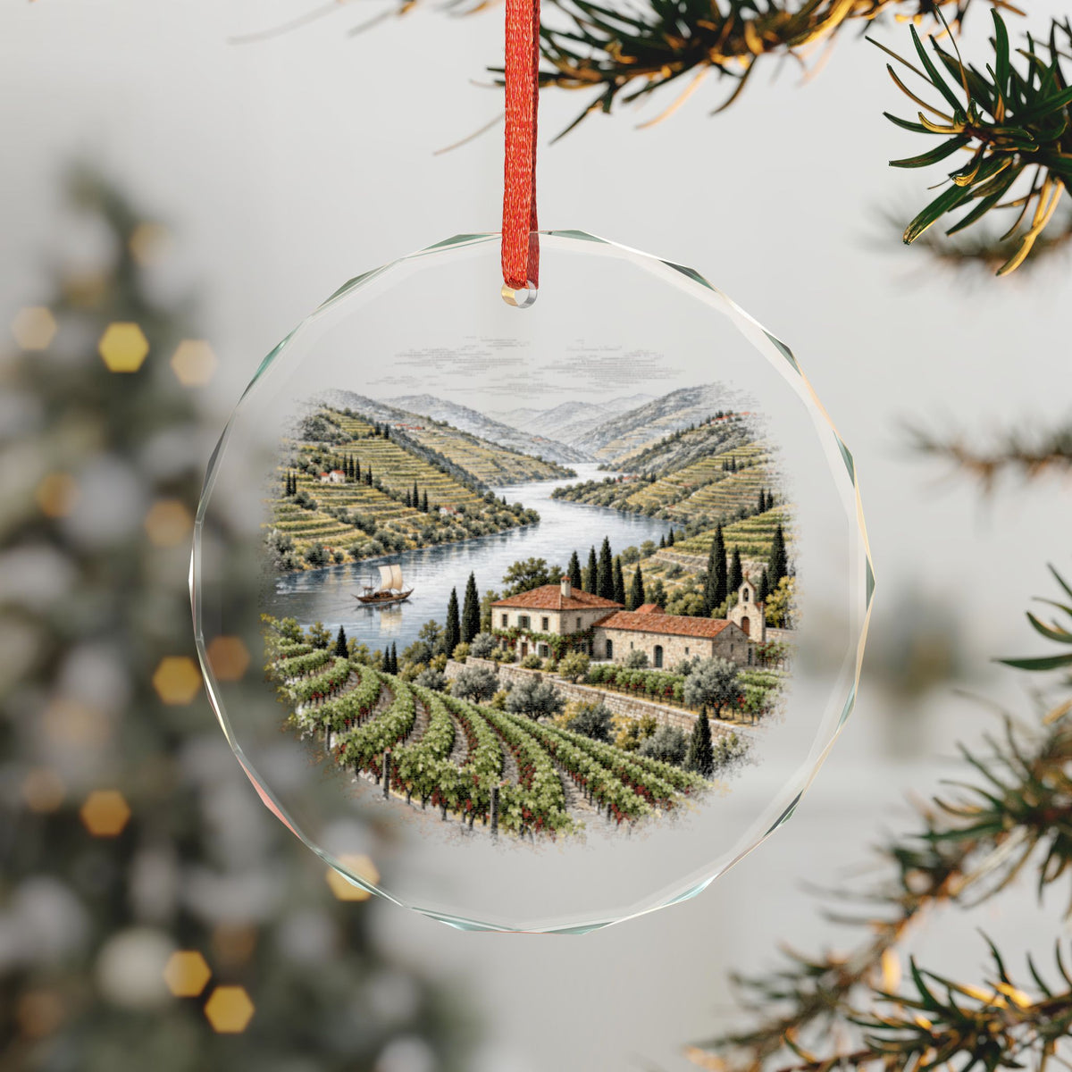 Douro Valley Portugal Crystal Holiday Ornament on a Lit Tree, Terraced Vineyards and Stone Quinta