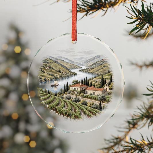 Douro Valley Portugal Crystal Holiday Ornament on a Lit Tree, Terraced Vineyards and Stone Quinta