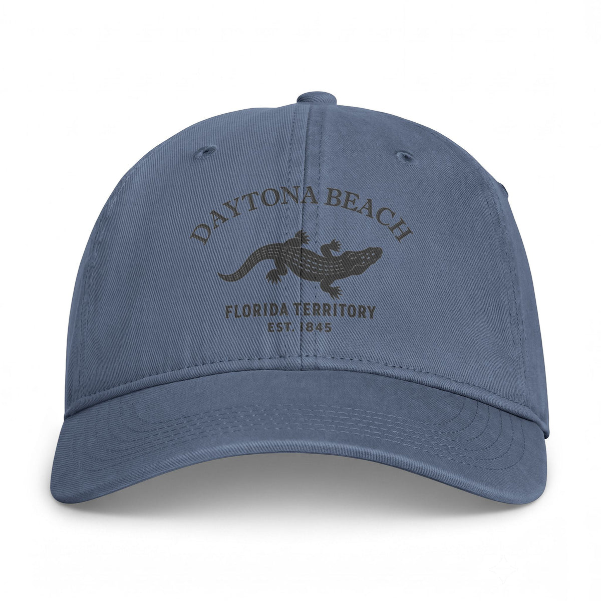 Daytona Beach Florida Retro Vintage Washed Cap in Blue Jean, Charcoal Printed Town Logo
