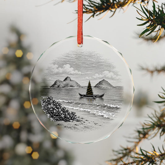 Kailua Hawaii Crystal Christmas Ornament on the Tree, Mokulua Islands and a Christmas Tree in an Outrigger Canoe