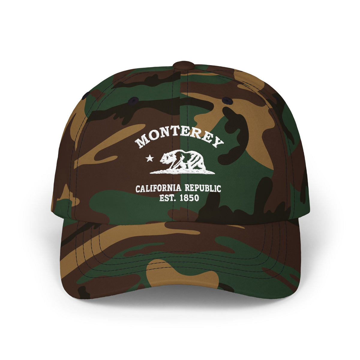 Monterey California Vintage Retro Embroidered Cotton Cap, Green Camo, White Logo