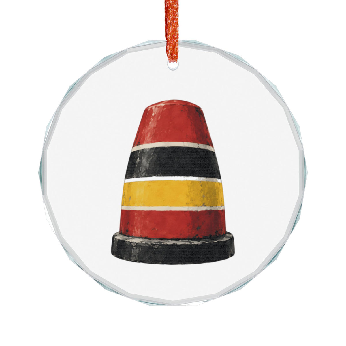 Key West, Florida Holiday Ornament — Ninety Miles, and Not Actually a Buoy — front view: the Key West buoy monument painted in its broad red, black and yellow bands with white pinstripes, drawn as a weathered conical concrete mass on a dark base