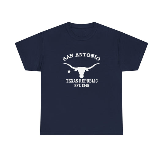 San Antonio Texas Vintage Style Unisex Heavy Cotton Tee - White Retro Longhorn Logo, Navy