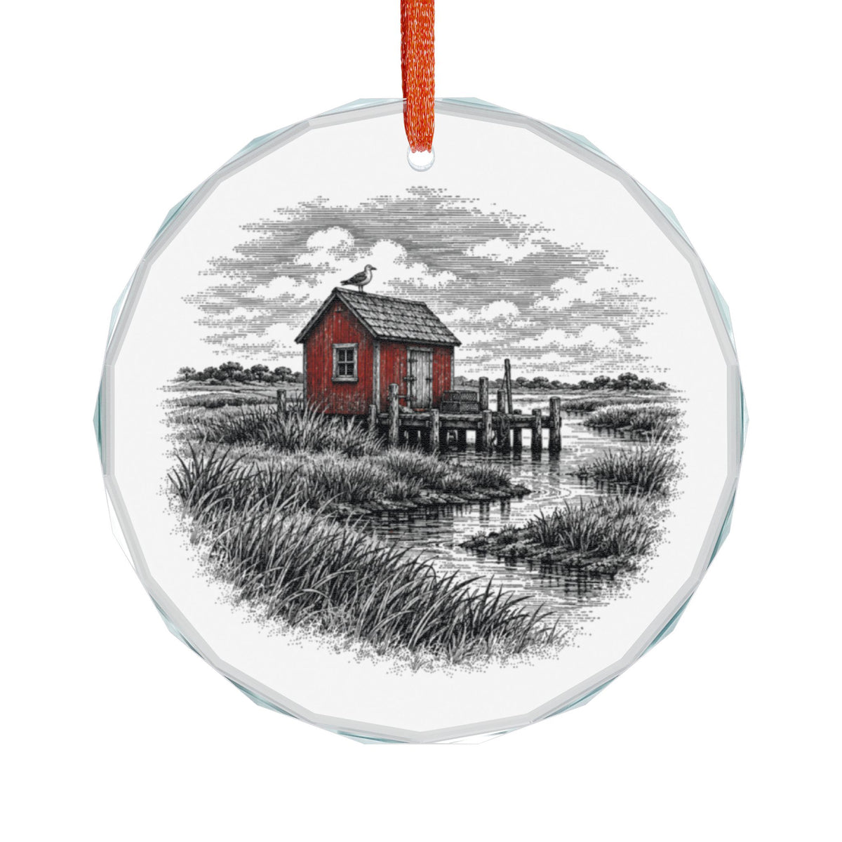 Guilford Connecticut Holiday Ornament, Red Shack on Grass Island, Crystal Glass Ornament Hanging on White
