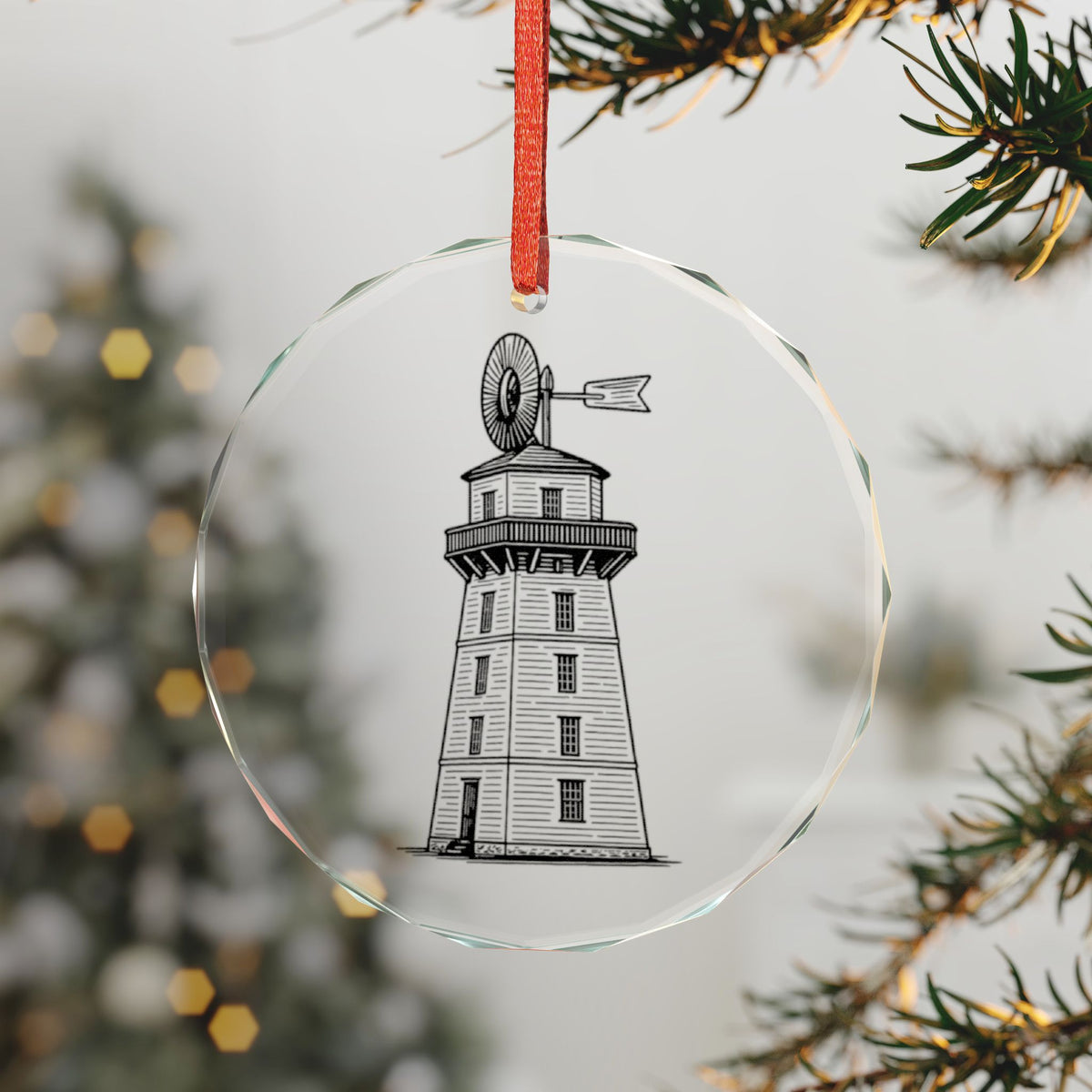 Farm Windmill Crystal Glass Holiday Ornament Shown on a Lit Tree, Shingled Tower With Steel Wheel and Vane