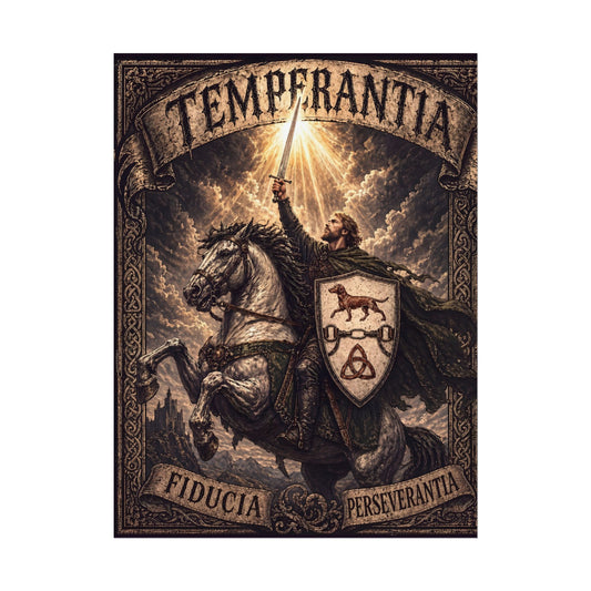 №108 Knight on Horseback Heraldic Poster — Tempest Sky · Live Your Best Knight · Temperantia Fiducia Perseverantia
