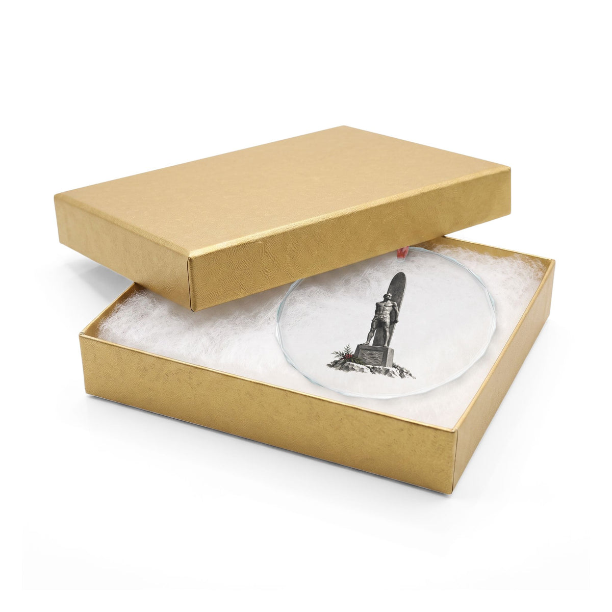 Santa Cruz, California Holiday Ornament — The Bronze That Honors No One in Particular — crystal ornament hanging by red ribbon, faceted beveled edge