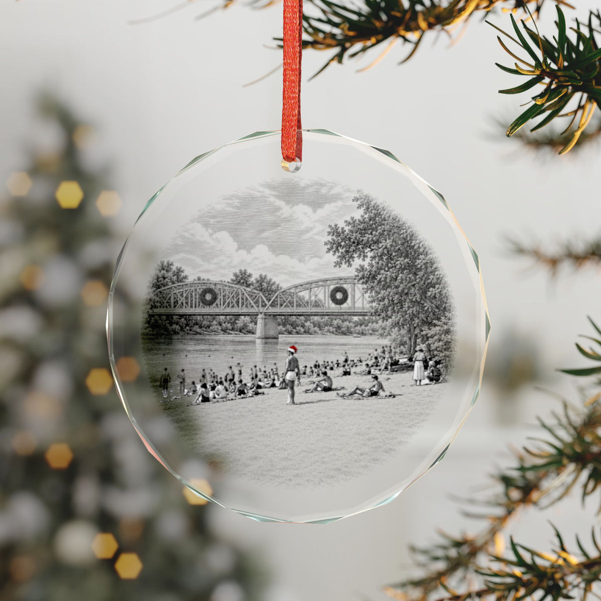 Healdsburg California Crystal Christmas Ornament on the Tree, Memorial Bridge and Memorial Beach