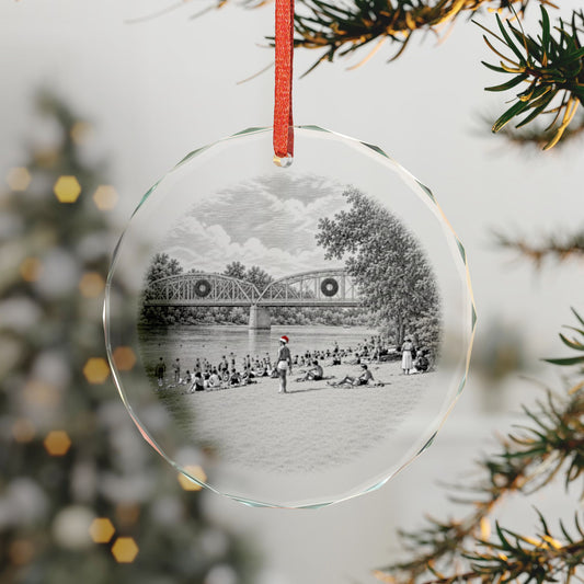 Healdsburg California Crystal Christmas Ornament on the Tree, Memorial Bridge and Memorial Beach