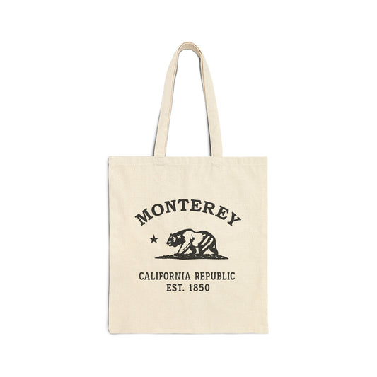 Monterey California Vintage Retro Cotton Canvas Tote Bag, Natural, Black Logo