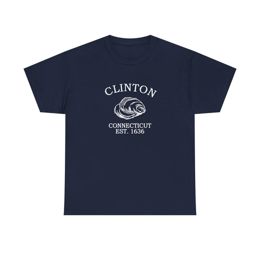Clinton Connecticut Vintage Style Unisex Heavy Cotton Tee - White Retro Oyster Logo, Navy