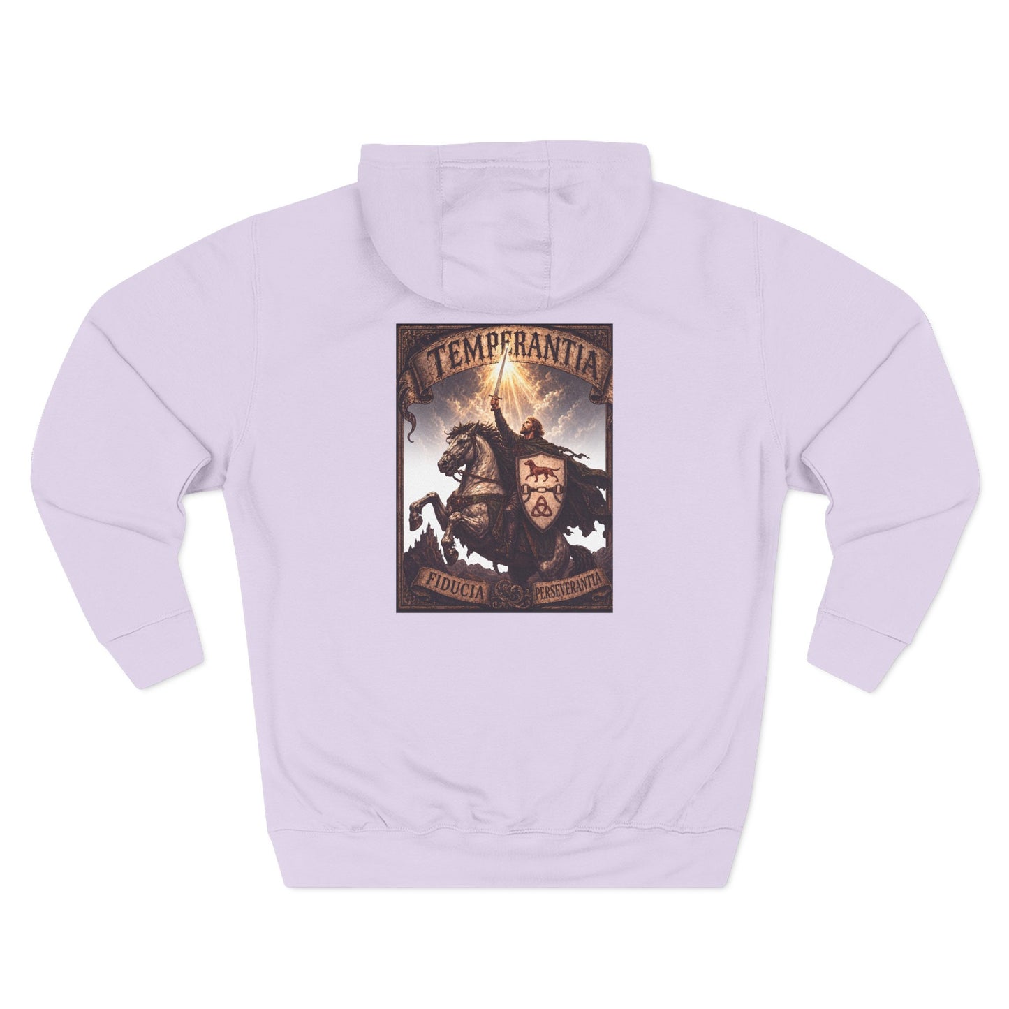 №108 Knight Crest Heavy Cotton Hoodie · Live Your Best Knight · Temperantia Fiducia Perseverantia