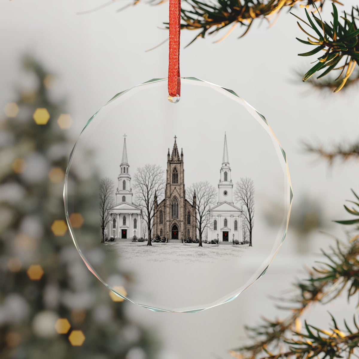 New Haven, Connecticut Holiday Ornament — Three Steeples, One Green, Since 1638 — 3-inch faceted crystal glass ornament in white gift box