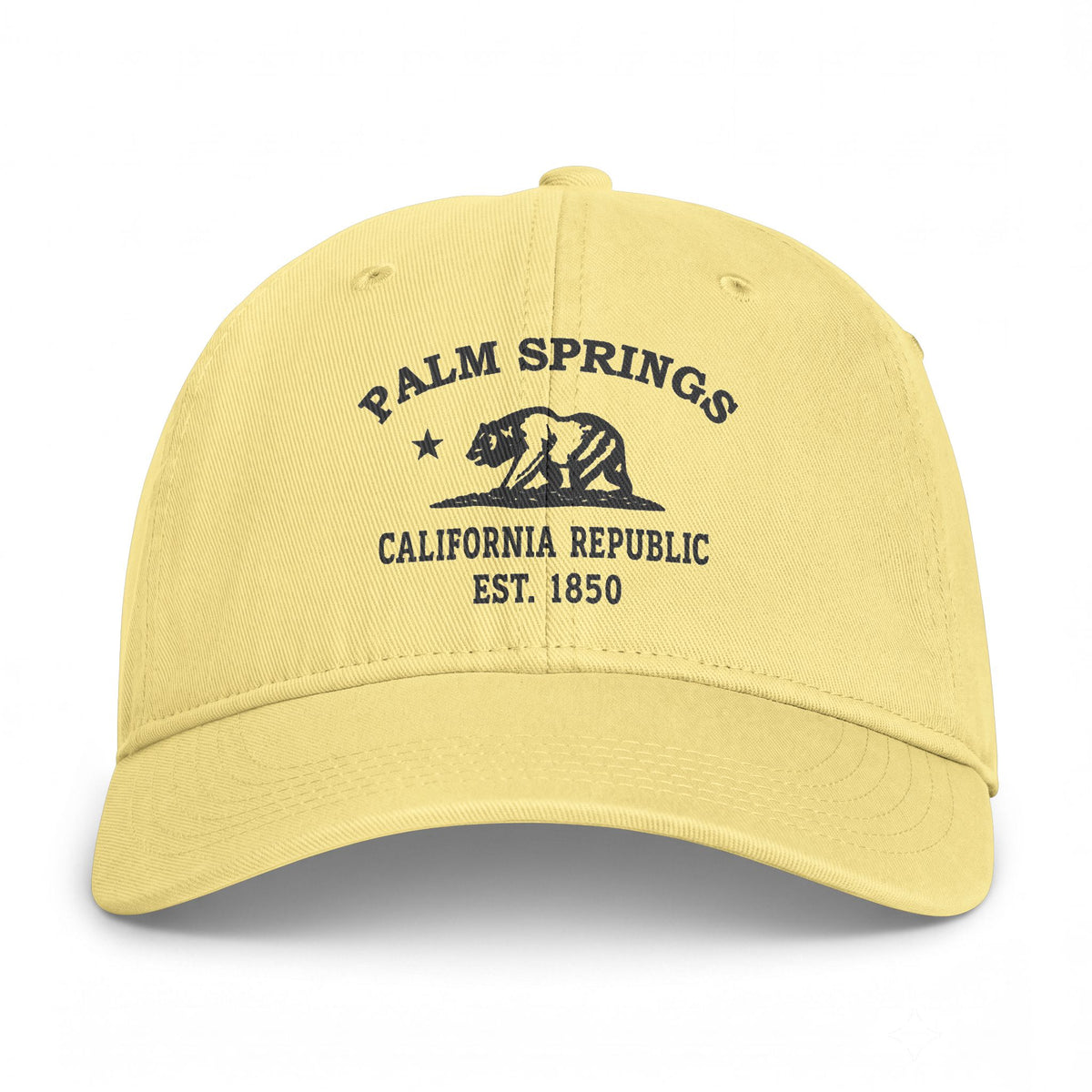Palm Springs California Retro Vintage Washed Cap in Butter, Charcoal Printed Town Logo