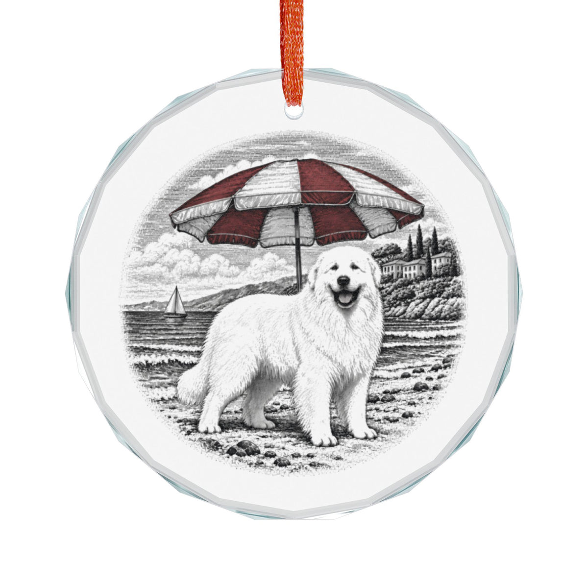 Great Pyrenees Crystal Christmas Ornament, Front View on White, Pen and Ink Beach Scene With Striped Parasol and Sailboat, Faceted Edge