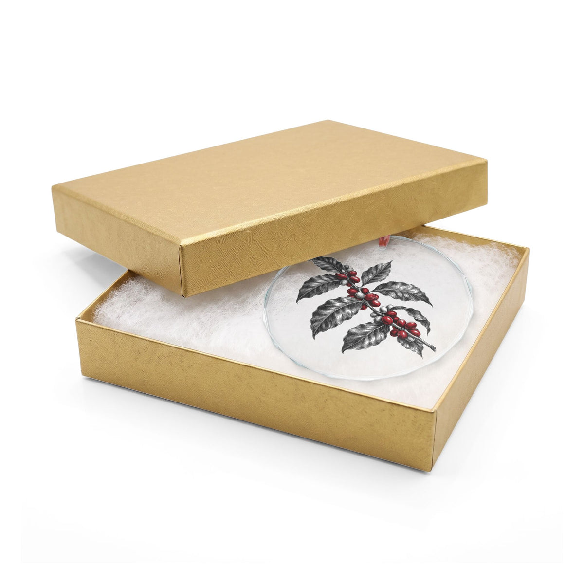 Kona Hawaii Crystal Christmas Ornament in Gold Gift Box, Coffee Branch with Ripe Red Cherries