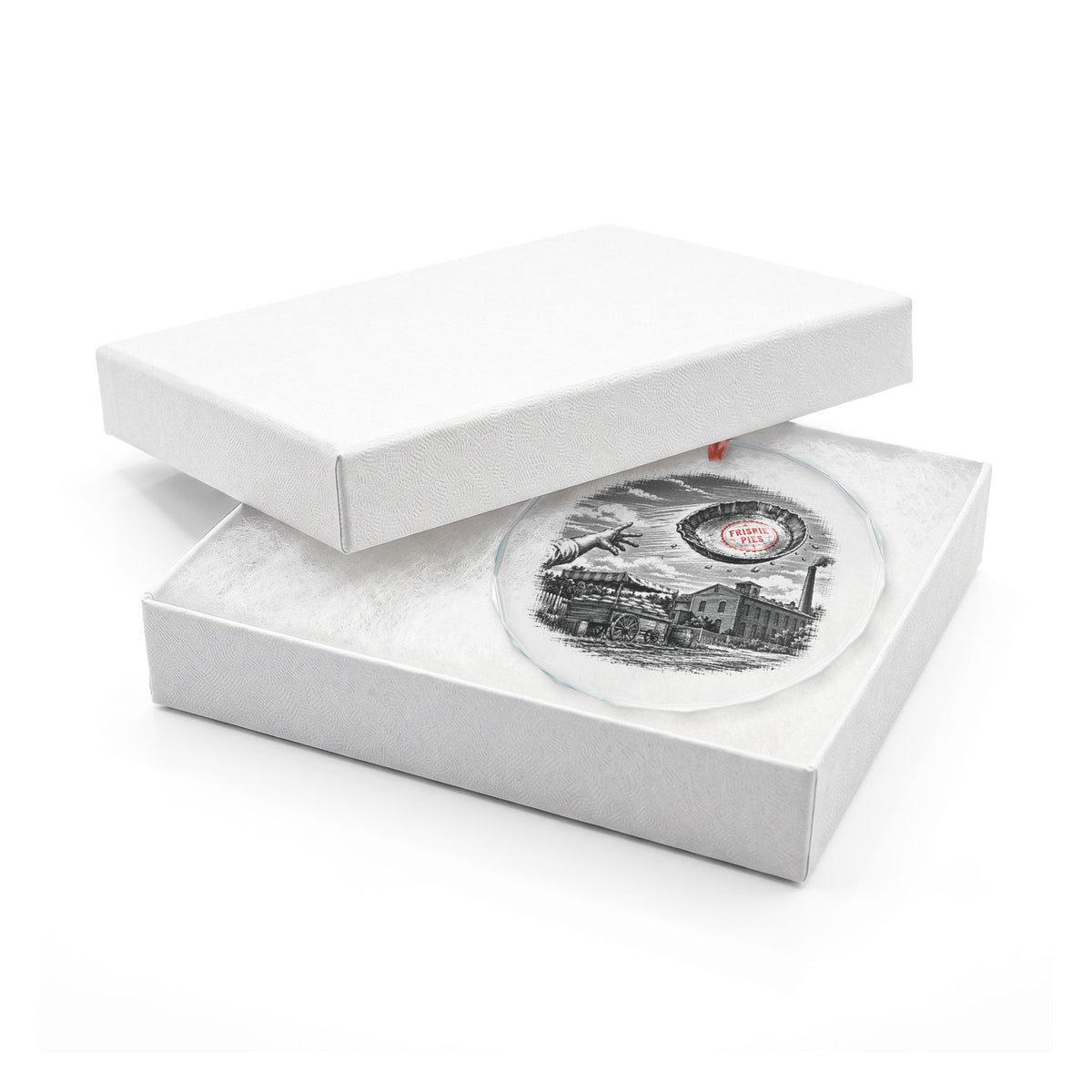 Bridgeport Connecticut Holiday Ornament, Flying Pie Tin, Crystal Glass Ornament in White Gift Box