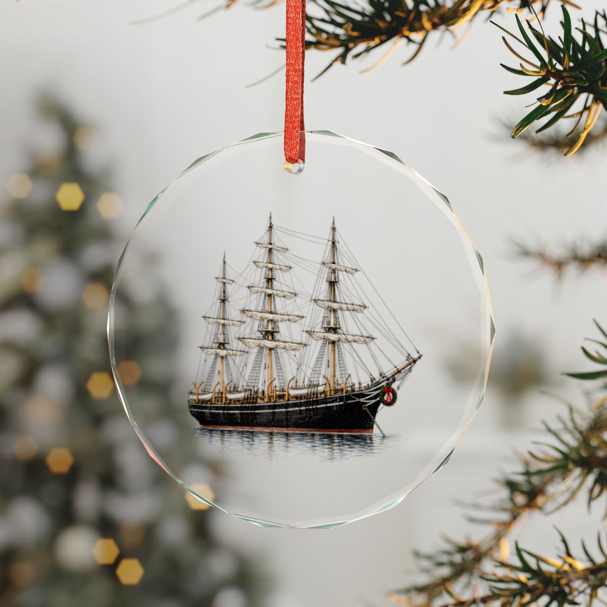 Mystic, Connecticut Holiday Ornament — Five Small Boats and a Three-Year Voyage — 3-inch faceted crystal glass ornament in white gift box