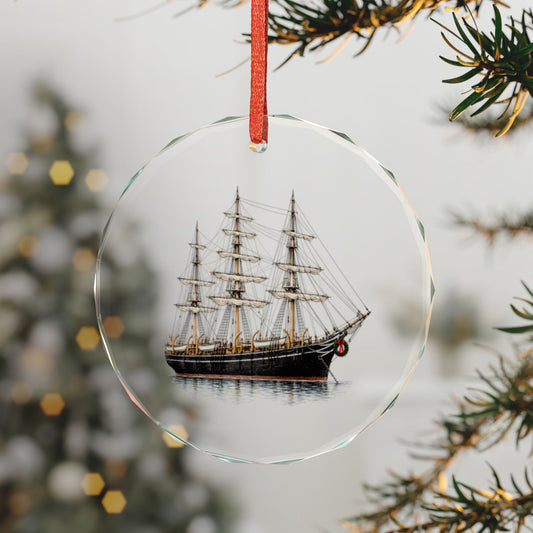 Mystic, Connecticut Holiday Ornament — Five Small Boats and a Three-Year Voyage — 3-inch faceted crystal glass ornament in white gift box