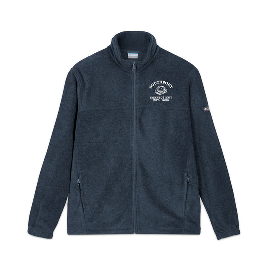 Southport Connecticut Vintage Style Unisex Embroidered Fleece Jacket - White Retro Oyster Logo, Collegiate Navy