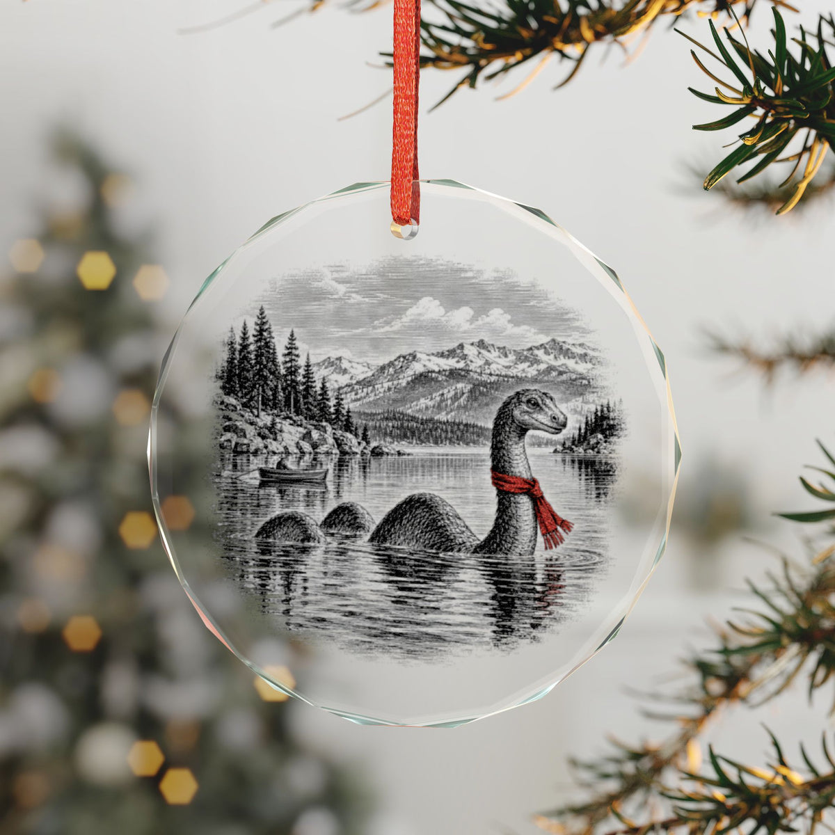 Lake Tahoe California Holiday Ornament, Tahoe Tessie, Crystal Glass Ornament Hanging on a Christmas Tree