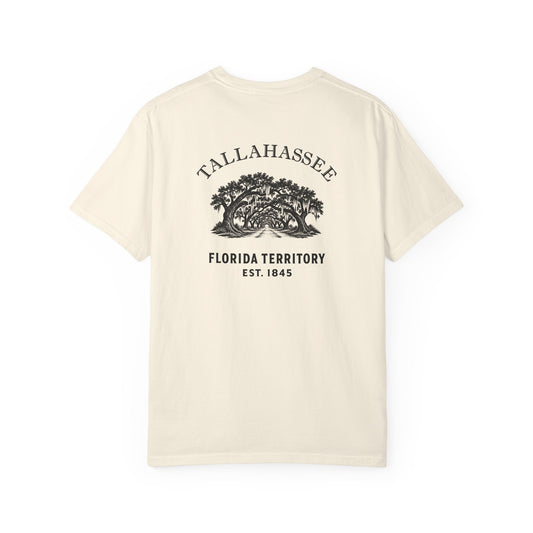 Tallahassee Florida canopy road tee in White — back print, live oaks arching over a canopy road, Florida Territory est. 1845 —  White