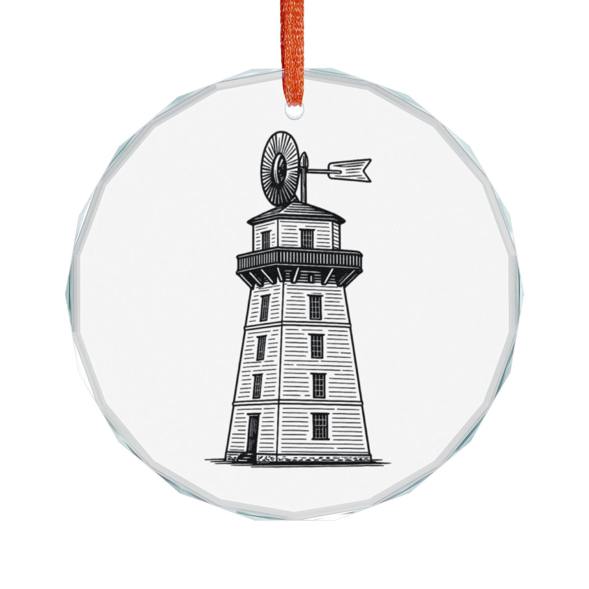 Farm Windmill Crystal Glass Ornament, Pen-and-Ink Tower-and-Tank Windmill With Railed Gallery