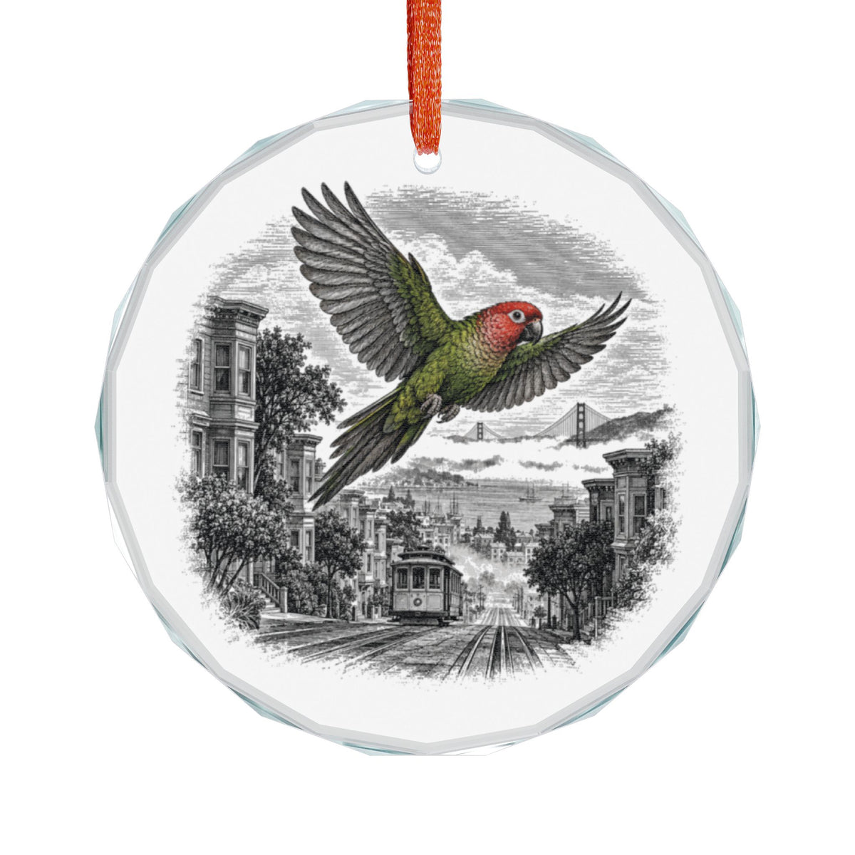 San Francisco California Holiday Ornament, Wild Parrot, Crystal Glass Ornament Hanging on White