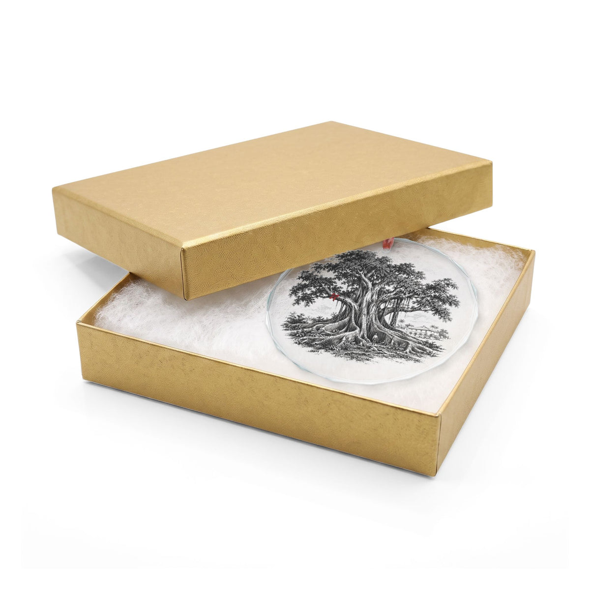 Santa Barbara California Holiday Ornament, Moreton Bay Fig, Crystal Glass Ornament in Gold Gift Box