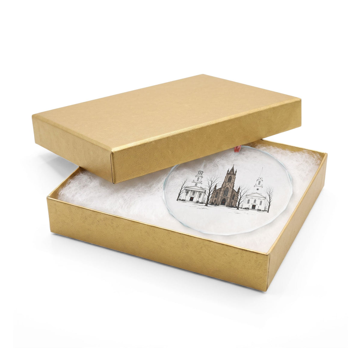 New Haven, Connecticut Holiday Ornament — Three Steeples, One Green, Since 1638 — crystal ornament hanging by red ribbon, faceted beveled edge