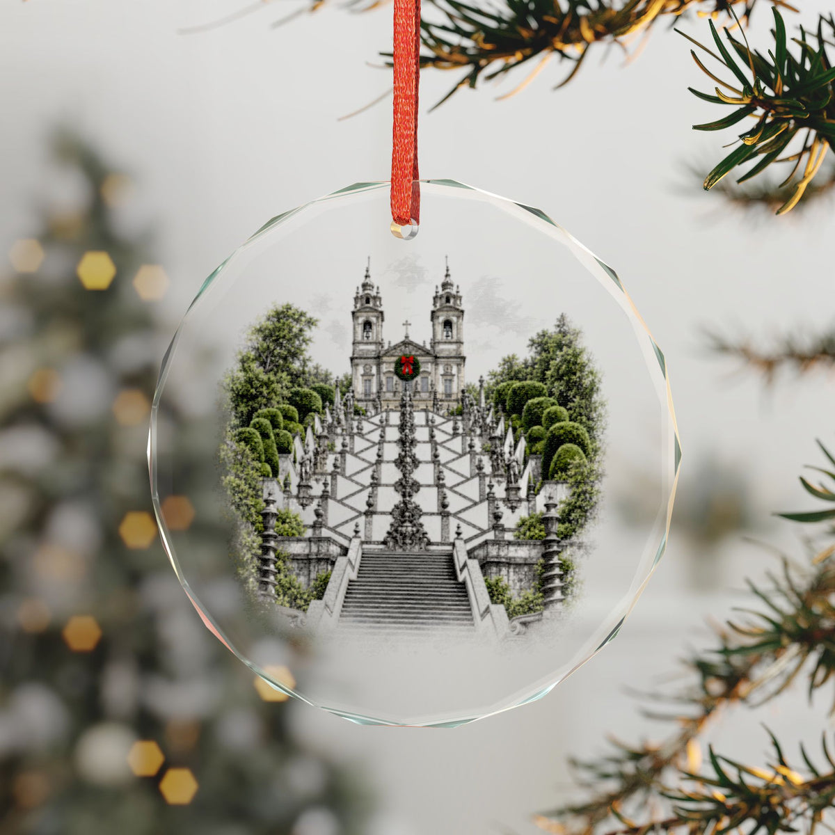 Braga Portugal Crystal Holiday Ornament on a Lit Tree, Bom Jesus do Monte Stairway and Church