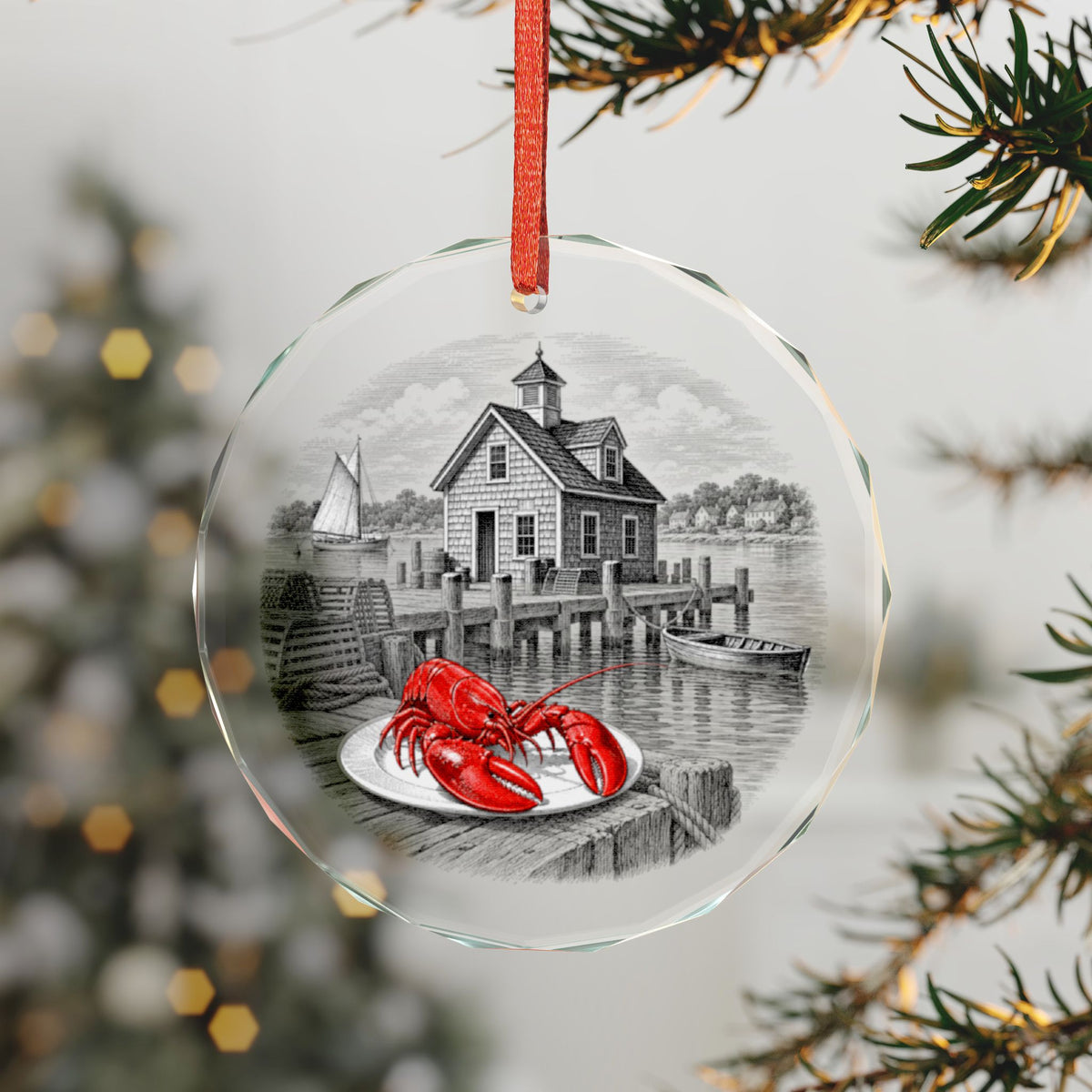 Clinton Connecticut Crystal Christmas Ornament on the Tree, Harbor Lobster Shack and Red Lobster on a Plate