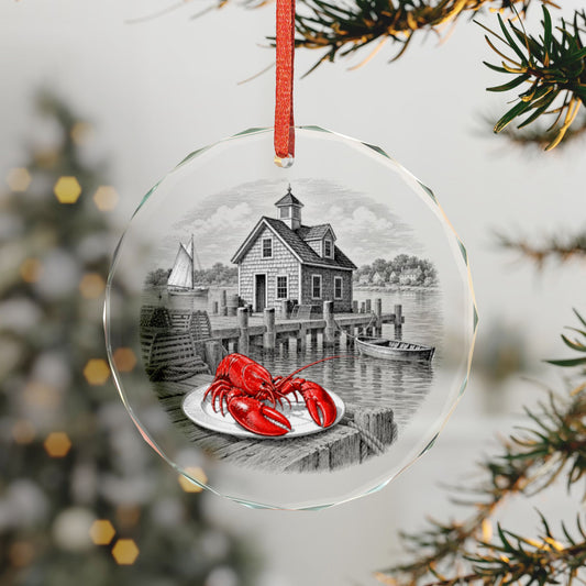Clinton Connecticut Crystal Christmas Ornament on the Tree, Harbor Lobster Shack and Red Lobster on a Plate