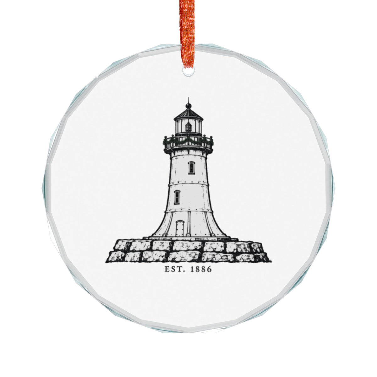 Old Saybrook, Connecticut Holiday Ornament — The Outer Light Where the River Ends — front view: the 1886 sparkplug lighthouse in heavy black line: a flared cast-iron tower with a gallery rail and black lantern, set on a chunky stone breakwater drawn in bold blocks