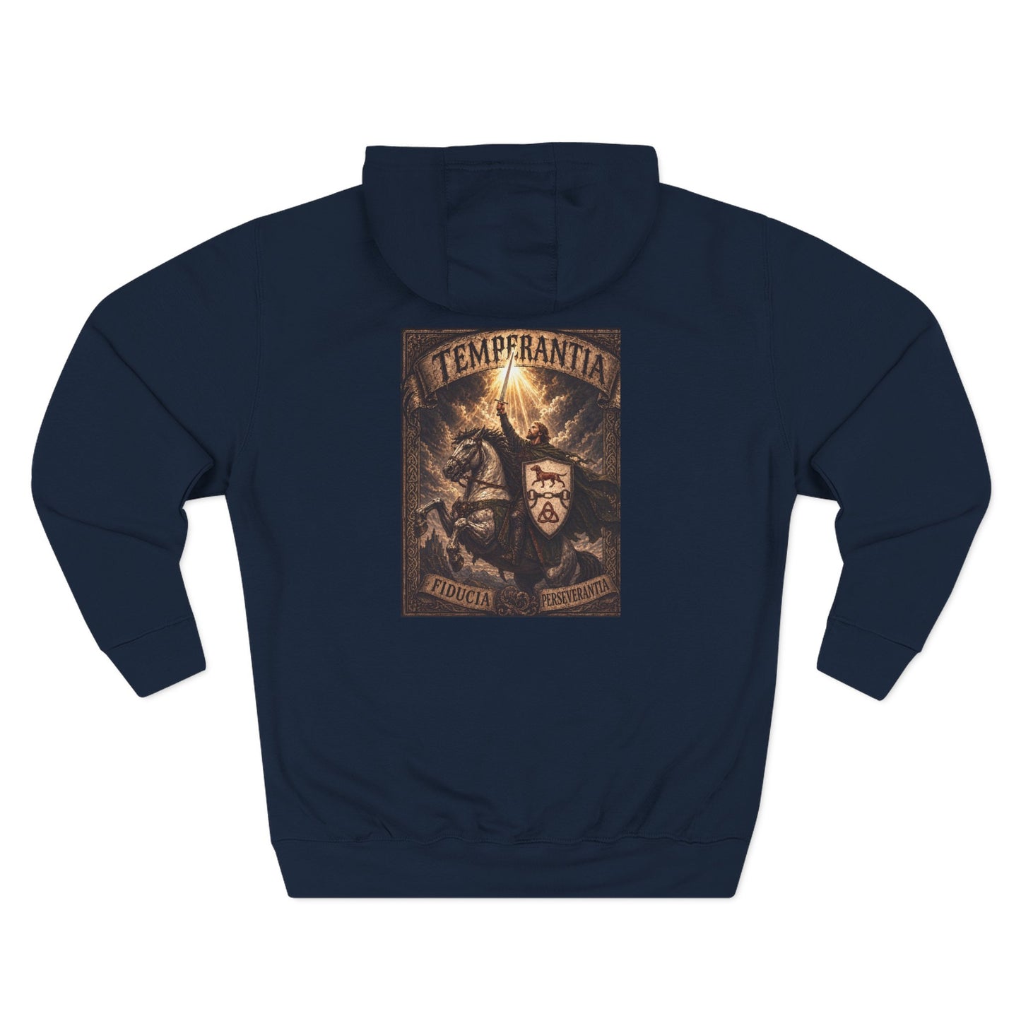 №108 Knight Crest Heavy Cotton Hoodie · Live Your Best Knight · Temperantia Fiducia Perseverantia