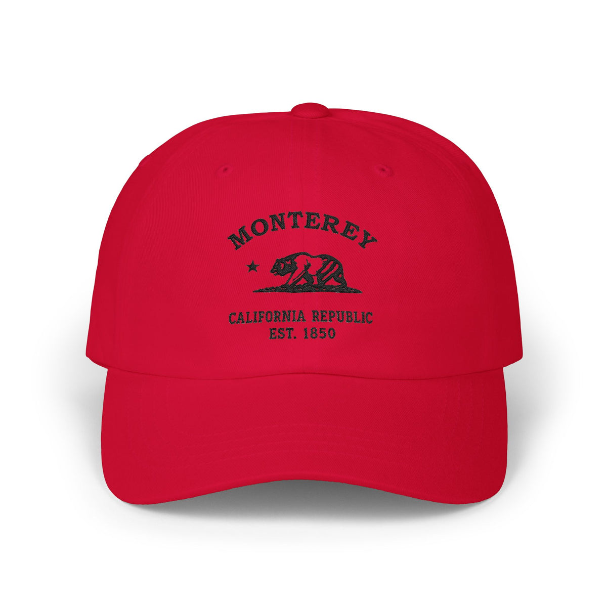 Monterey California Vintage Retro Embroidered Cotton Cap, Cranberry, Black Logo