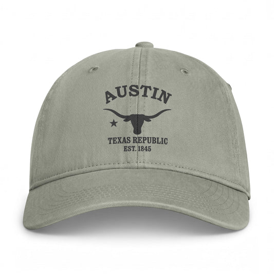 Austin Texas Retro Vintage Washed Cap in Sandstone, Charcoal Printed Town Logo