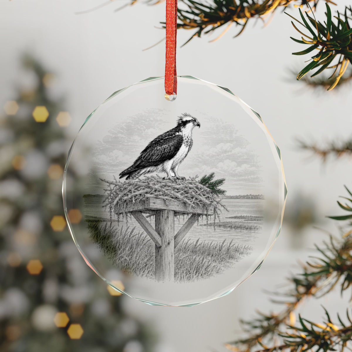 Madison Connecticut Crystal Christmas Ornament on the Tree, Osprey on a Nesting Platform at Hammonasset