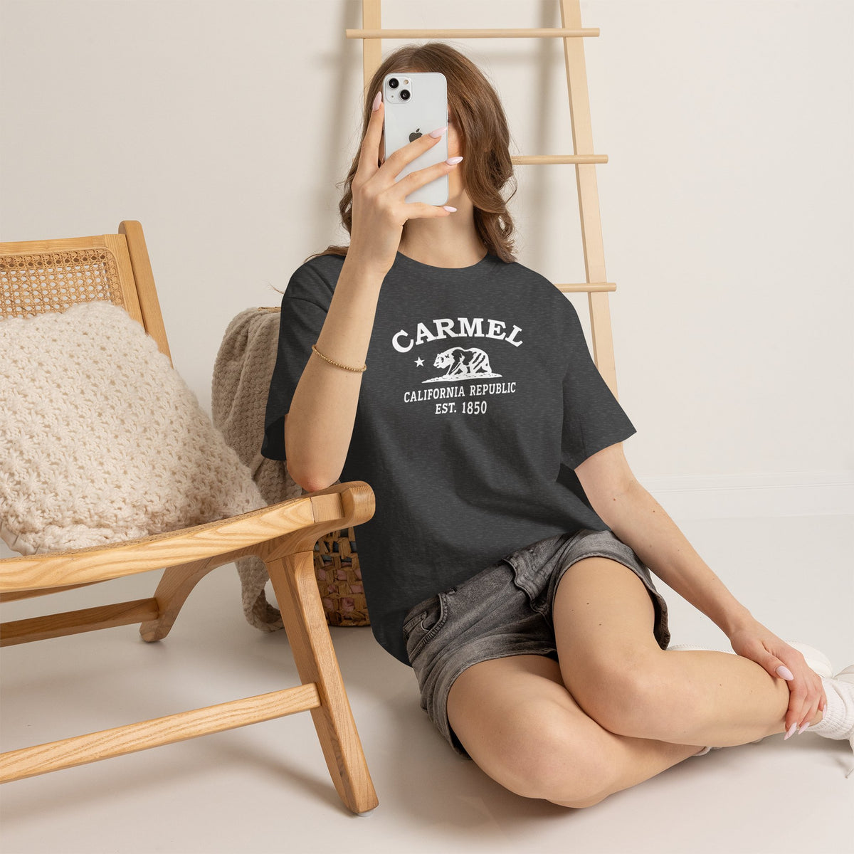 Carmel California retro tee — classic white Carmel, California bear-and-star logo on Gildan heavy cotton — Coral Silk