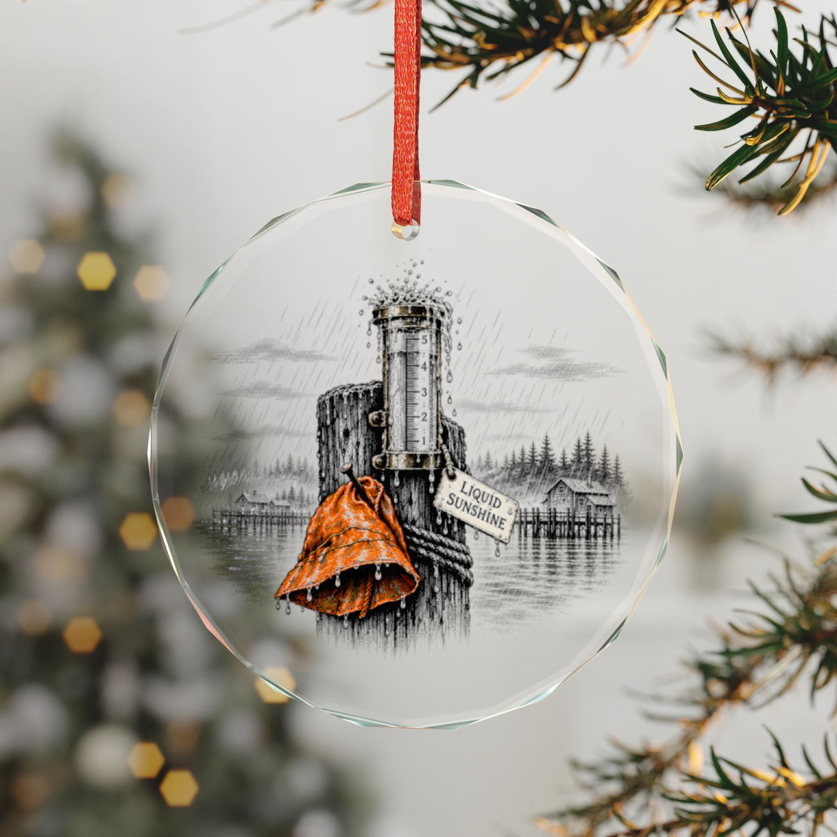 Ketchikan Alaska Holiday Ornament, Liquid Sunshine Rain Gauge, Crystal Glass Ornament Hanging on a Christmas Tree