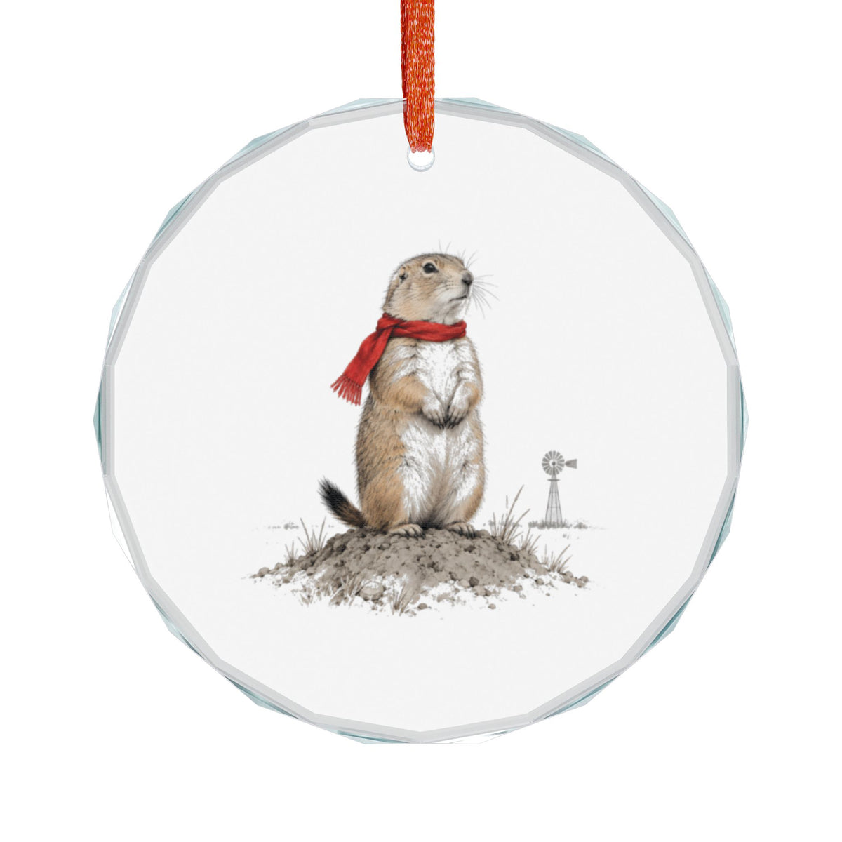 Lubbock, Texas Holiday Ornament — Four Prairie Dogs and a Fence, 1935 — front view: a black-tailed prairie dog sits bolt upright on its burrow mound, paws tucked at the chest, whiskers and fur finely rendered in warm naturalistic tones