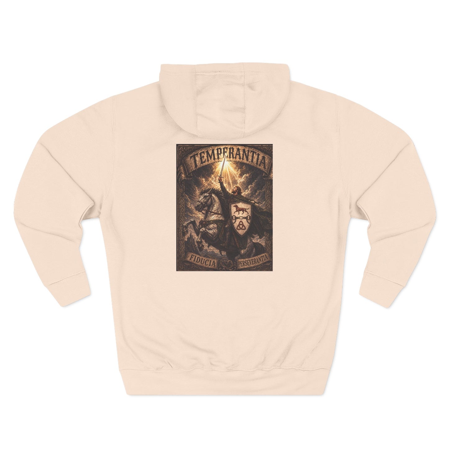 №108 Knight Crest Heavy Cotton Hoodie · Live Your Best Knight · Temperantia Fiducia Perseverantia