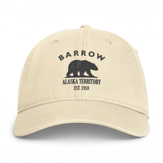 Barrow Alaska Retro Vintage Washed Cap in Ivory, Charcoal Printed Town Logo
