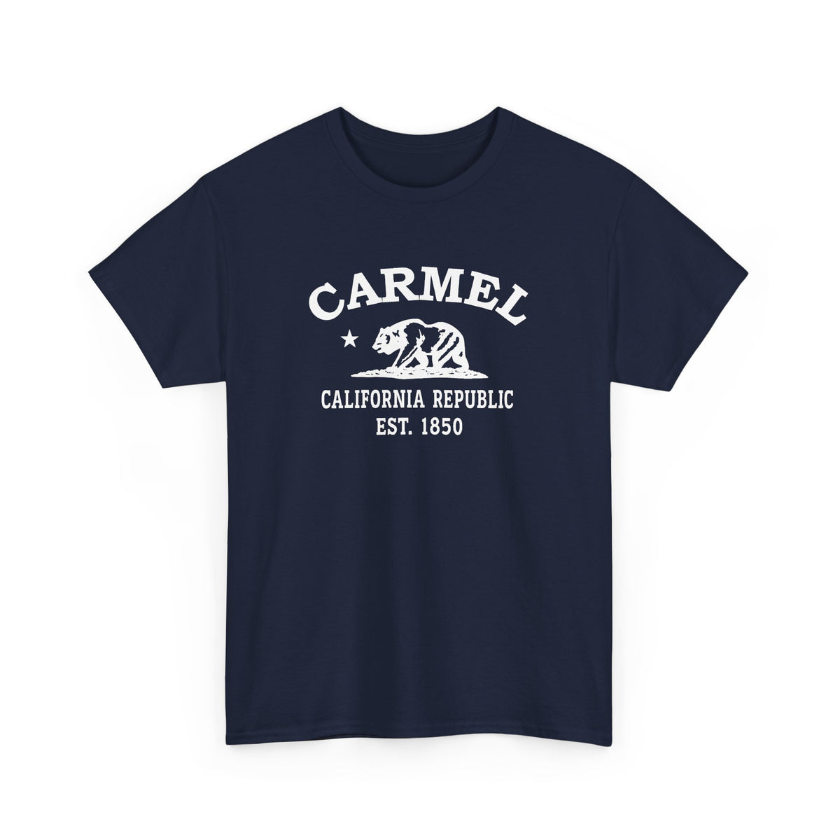 Carmel California retro tee — classic white Carmel, California bear-and-star logo on Gildan heavy cotton — Antique Cherry Red