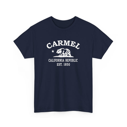 Carmel California retro tee — classic white Carmel, California bear-and-star logo on Gildan heavy cotton — Antique Cherry Red