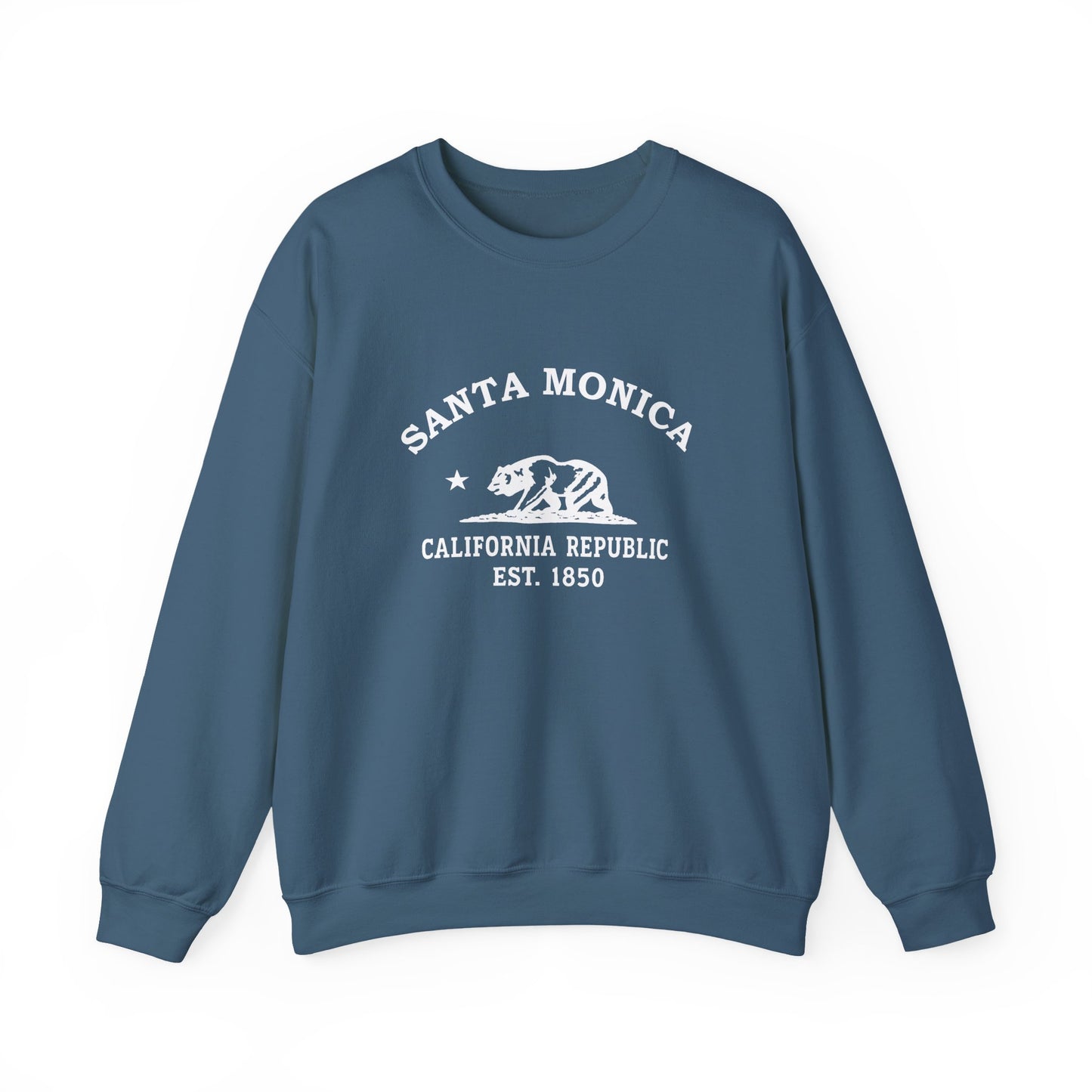 Santa Monica California Vintage Style Unisex Heavy Crewneck Sweatshirt - White Retro Bear Logo, Indigo Blue
