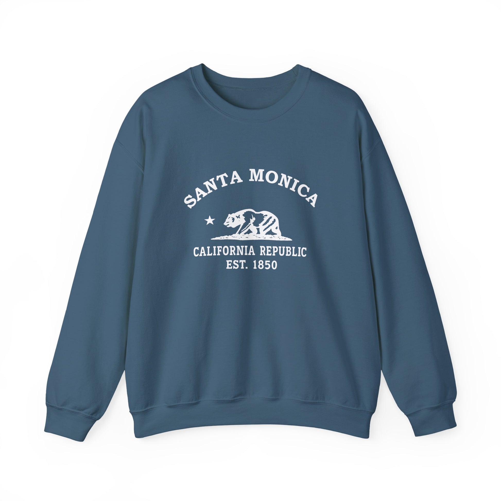 Santa Monica California Vintage Style Unisex Heavy Crewneck Sweatshirt - White Retro Bear Logo, Indigo Blue